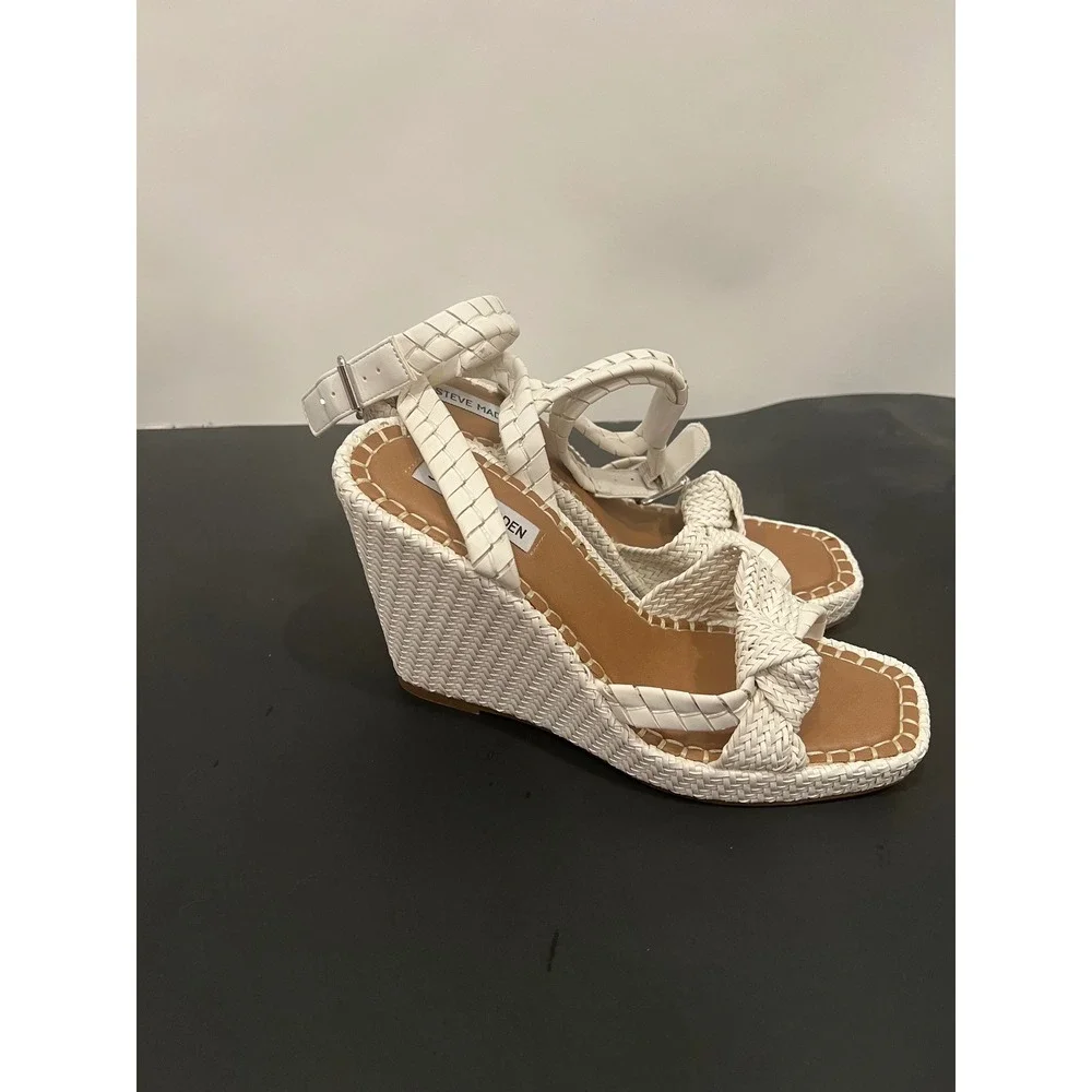 Steve Madden Jylan Wedge Sandals Womens 10 White Woven Knot Ankle Strap Summer